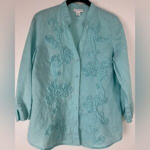 Coldwater Creek Linen Button Up Size 8 Blue Floral Beachy Resortwear Vacation